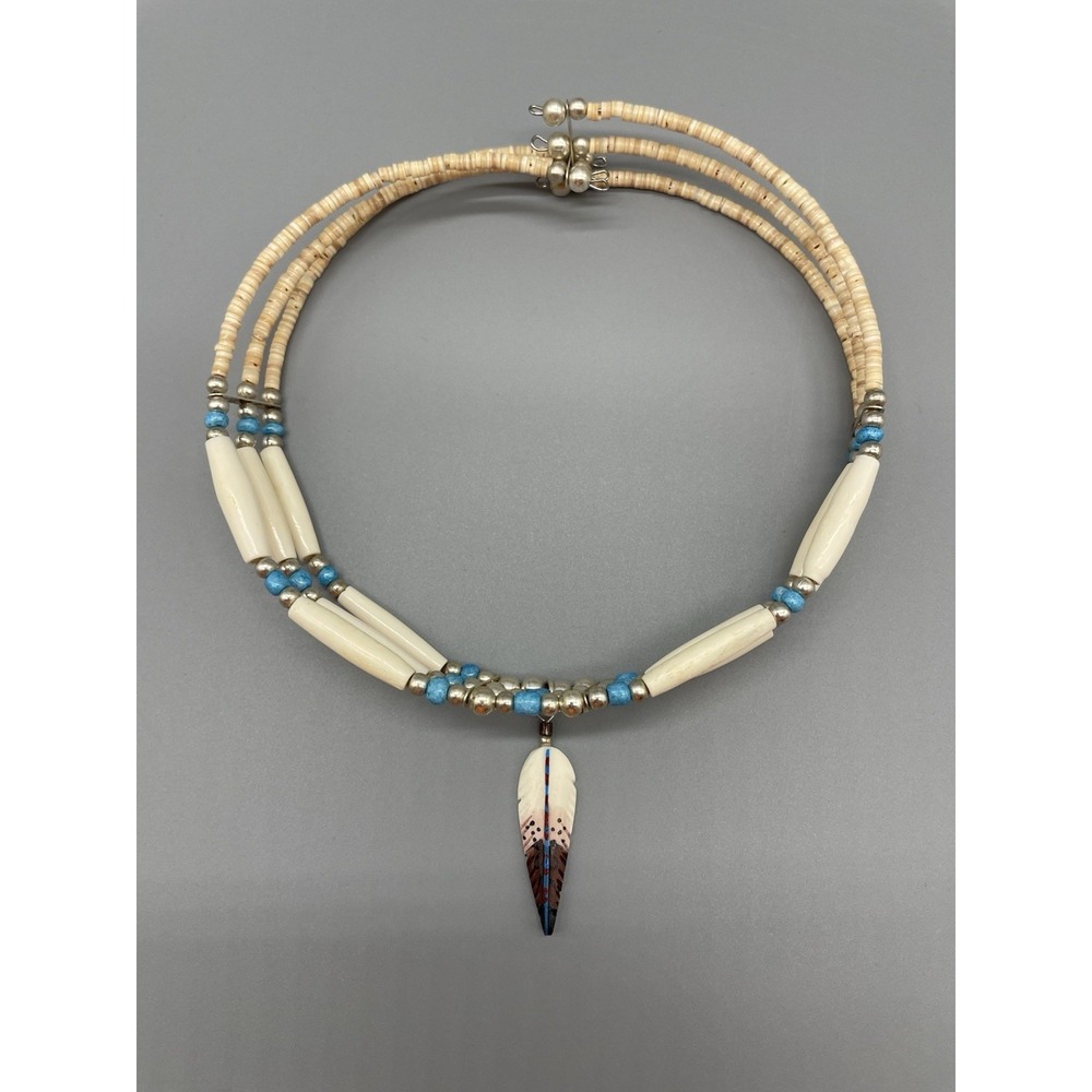 Handmade native necklace cream, turquoise, silver beads with feather - Picture 9 of 10